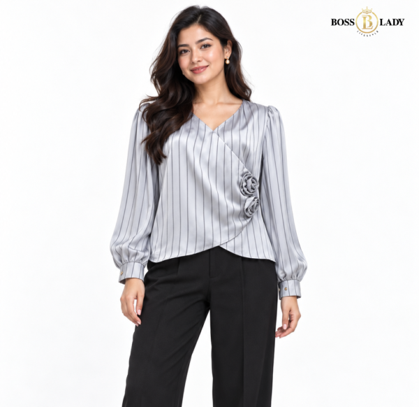 Rosette Wrap-Style Satin Rose Steel Gray Shirt