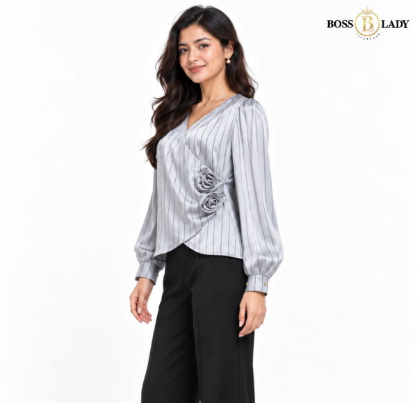 Rosette Wrap-Style Satin Rose Steel Gray Shirt