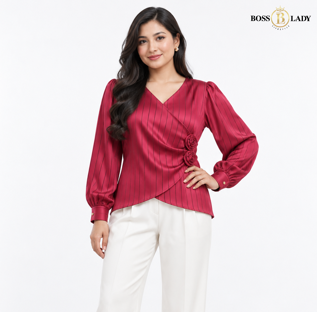 Rosette Wrap-Style Satin Maroon Shirt