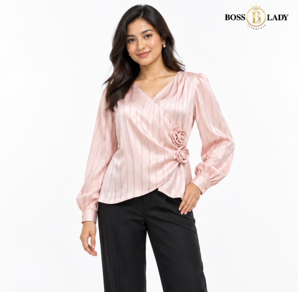 Rosette Wrap-Style Satin Rose Pink Shirt