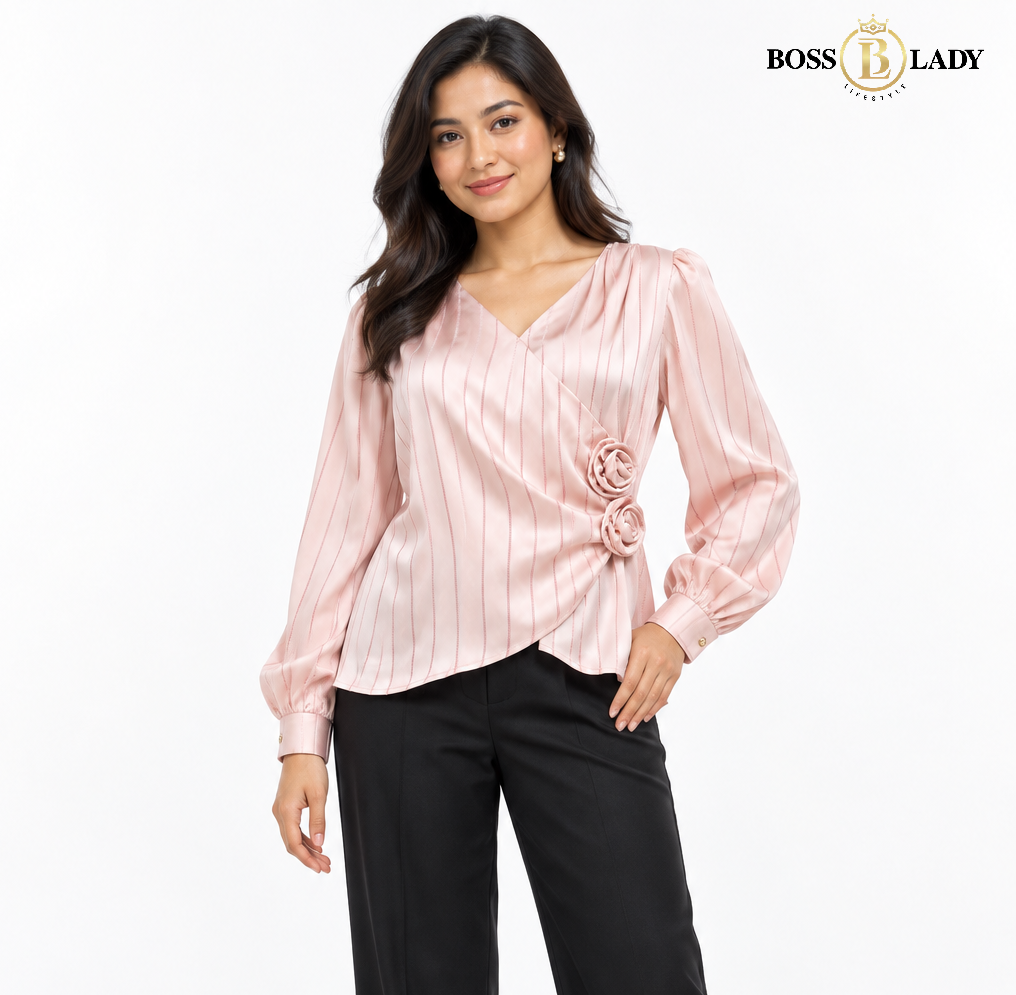 Rosette Wrap-Style Satin Rose Pink Shirt
