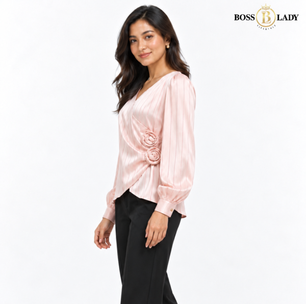 Rosette Wrap-Style Satin Rose Pink Shirt