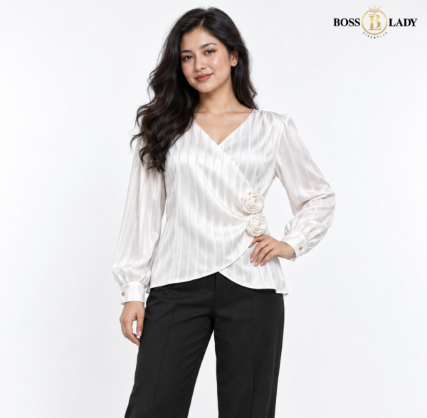 Rosette Wrap-Style Satin White Shirt