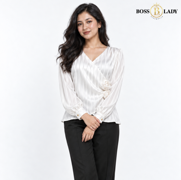 Rosette Wrap-Style Satin White Shirt