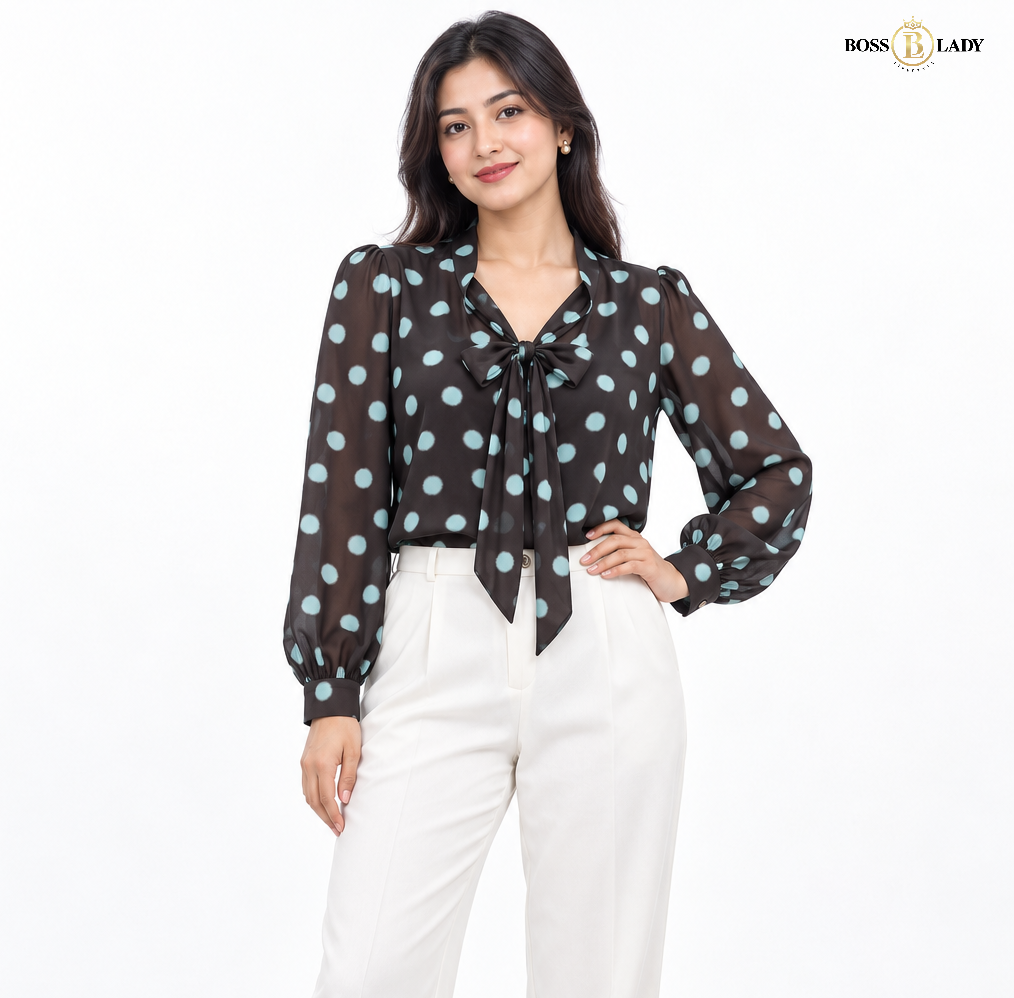 Polka Dot Bow-Neck Purple Shirt