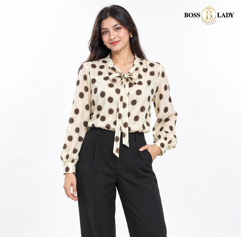 Polka Dot Bow-Neck Cream Shirt