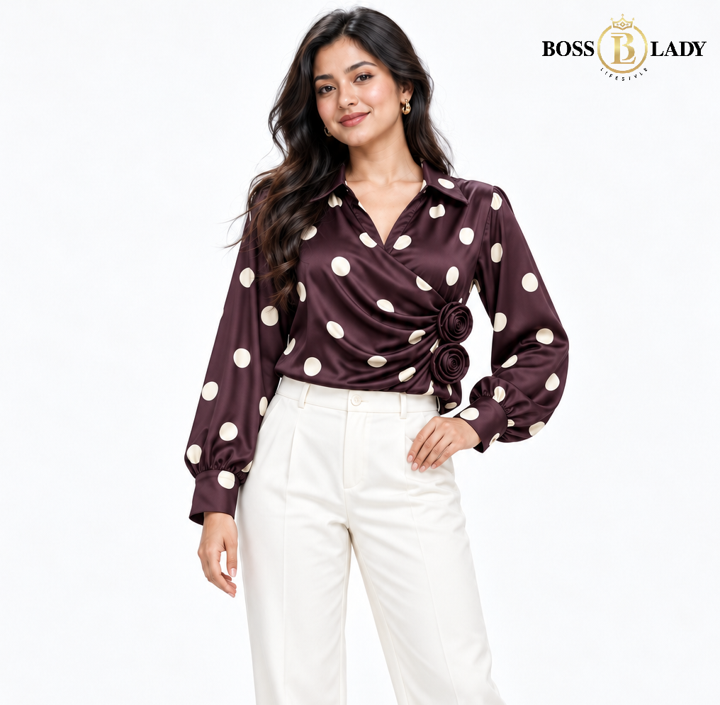 Polka Dot Rosette Wrap-Style Maroon Shirt