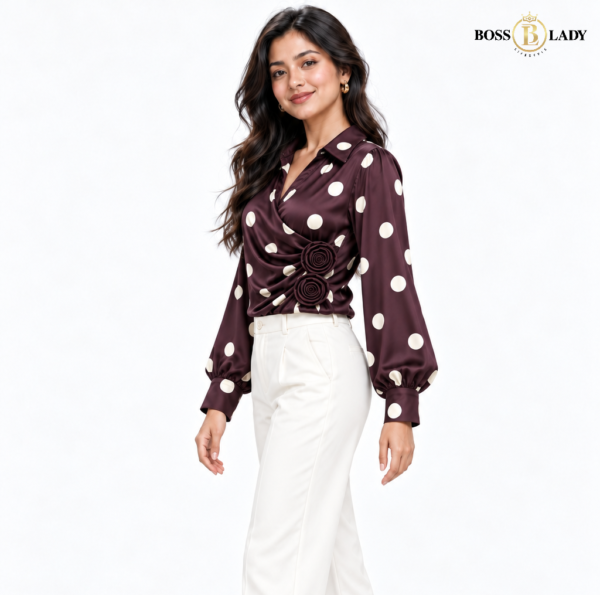 Polka Dot Rosette Wrap-Style Maroon Shirt
