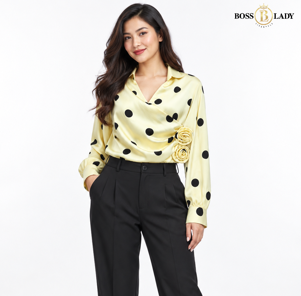 Polka Dot Rosette Wrap-Style Yellow Shirt