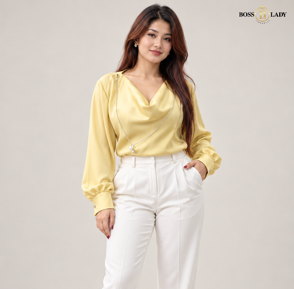 Yellow Cowl-Neck Satin Shirt
