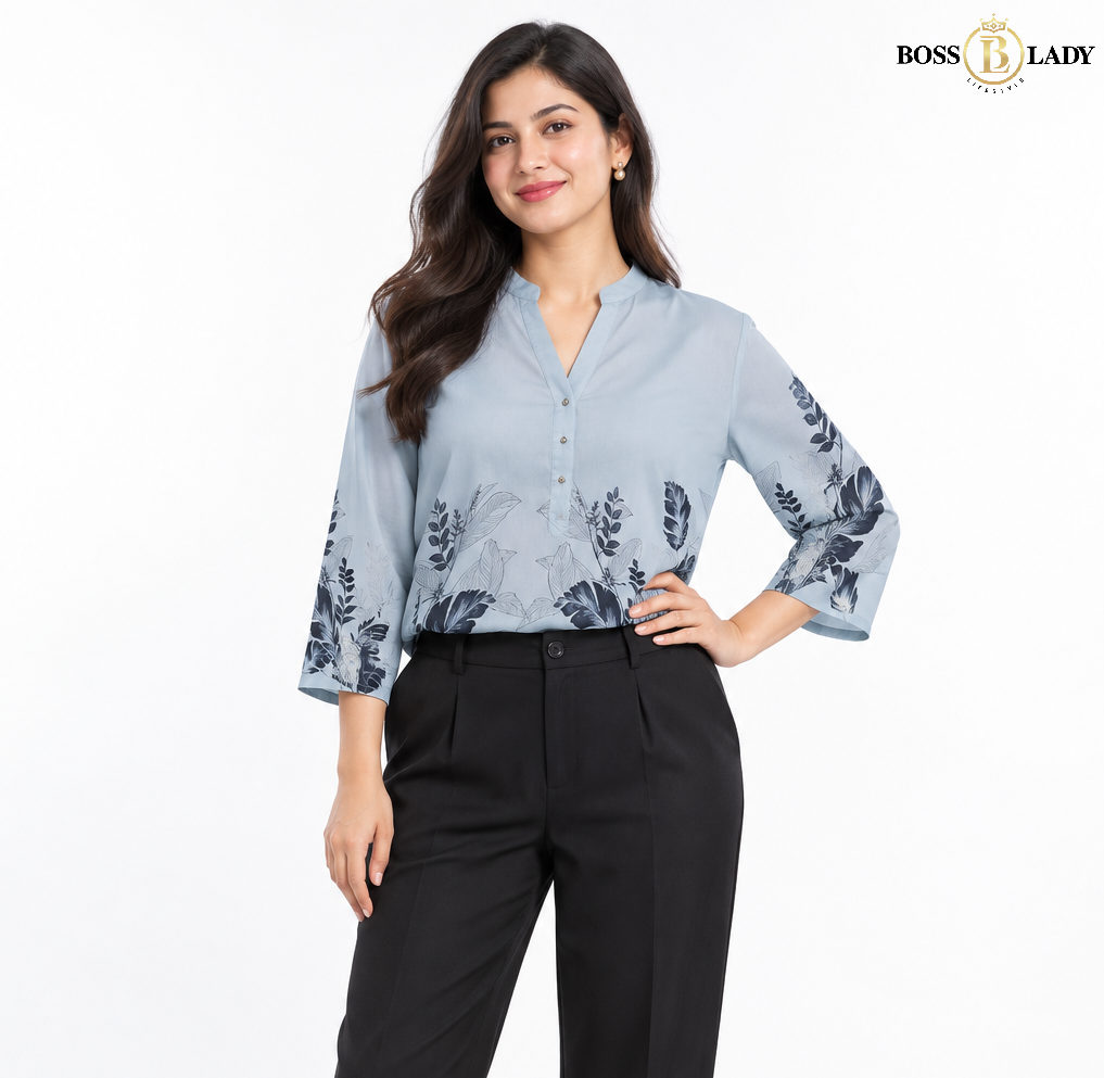 Powder Blue Botanical Print Soft Cotton Shirt