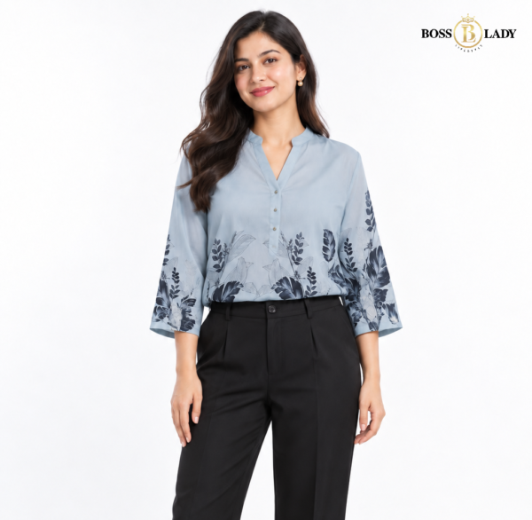 Powder Blue Botanical Print Soft Cotton Shirt