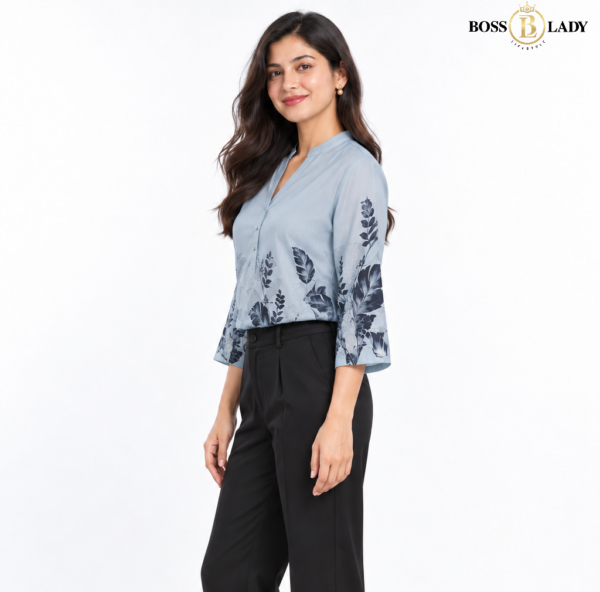 Powder Blue Botanical Print Soft Cotton Shirt