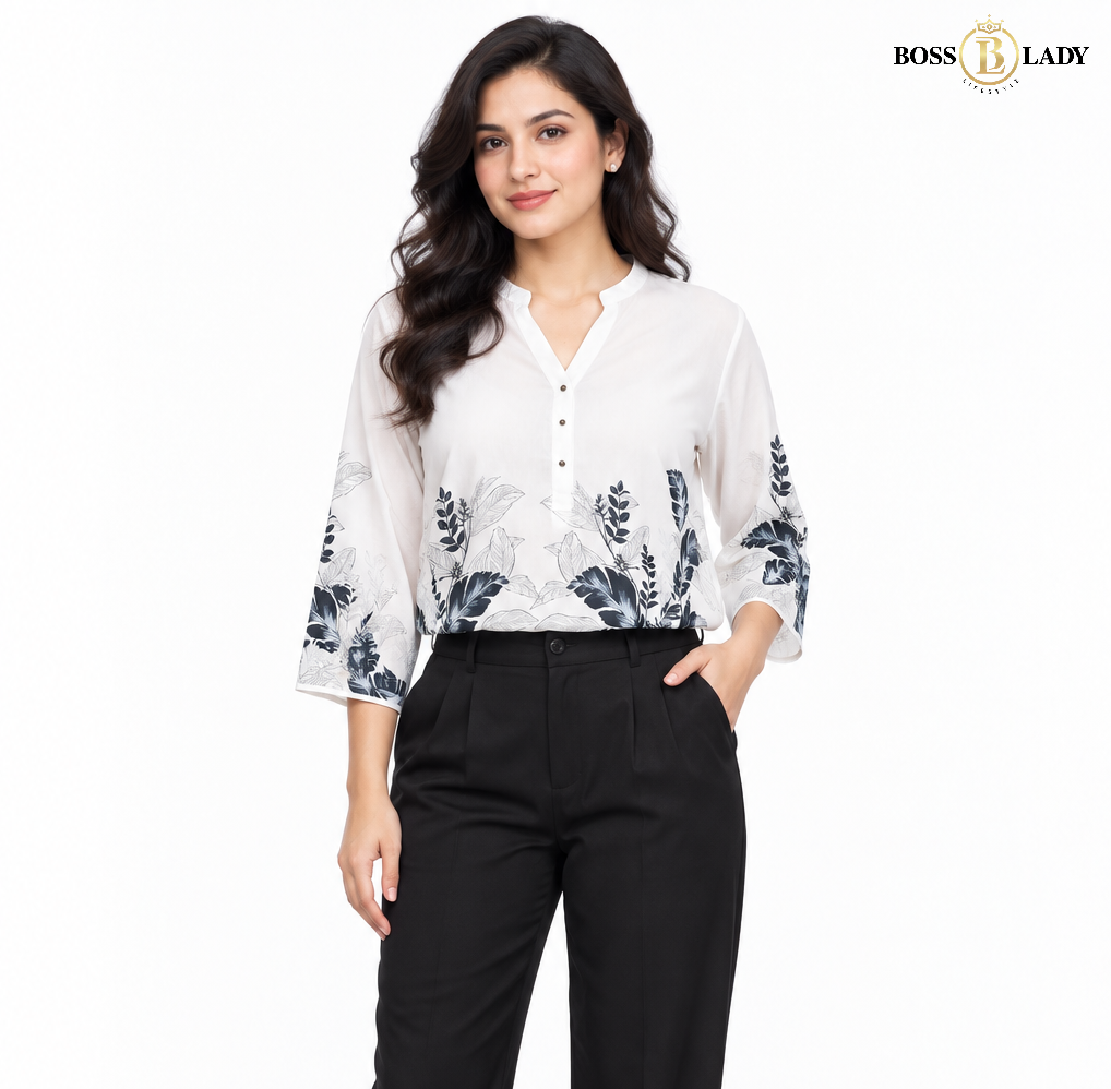Ivory White Botanical Print Soft Cotton Shirt