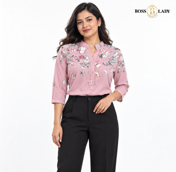 Dusty Pink Floral & Butterfly Print Soft Cotton Shirt