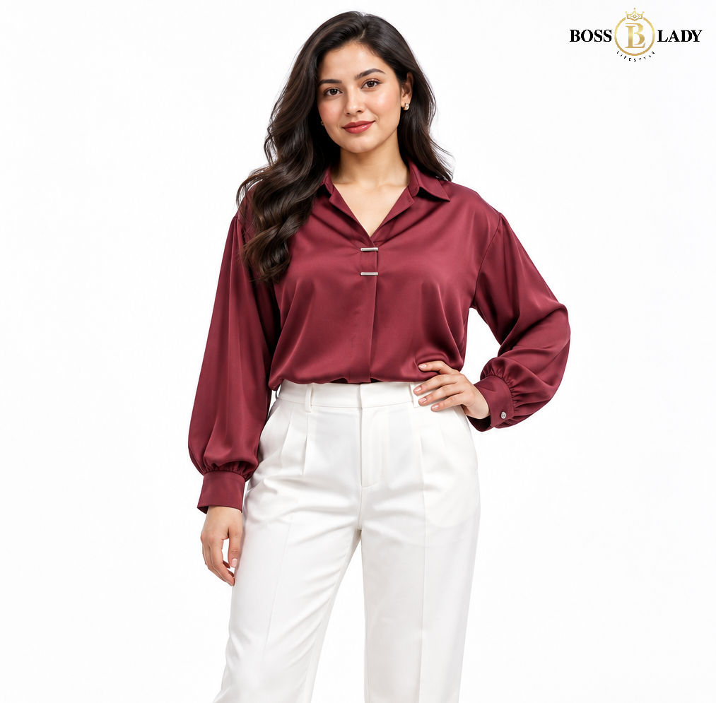 Burgundy Metal-Detail Satin Shirt