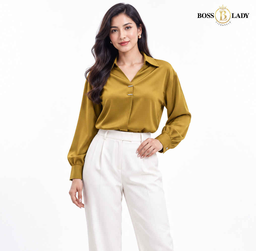 Mustard Gold Metal-Detail Satin Shirt