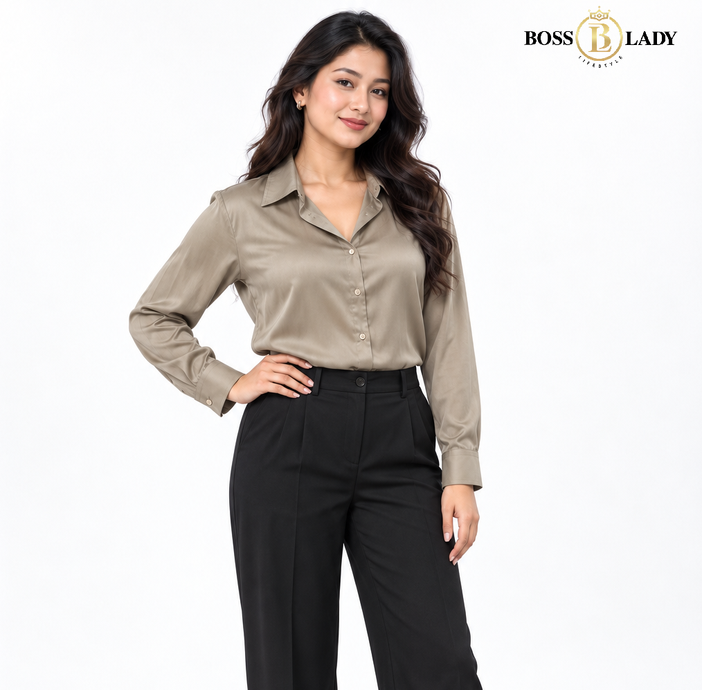 Taupe Classic Button-Front Satin Shirt