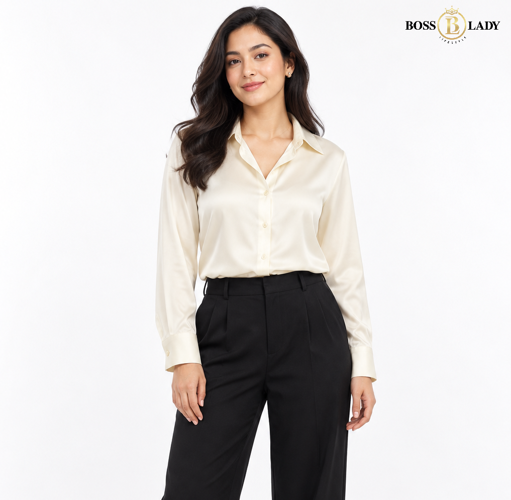 Cream Classic Button-Front Satin Shirt