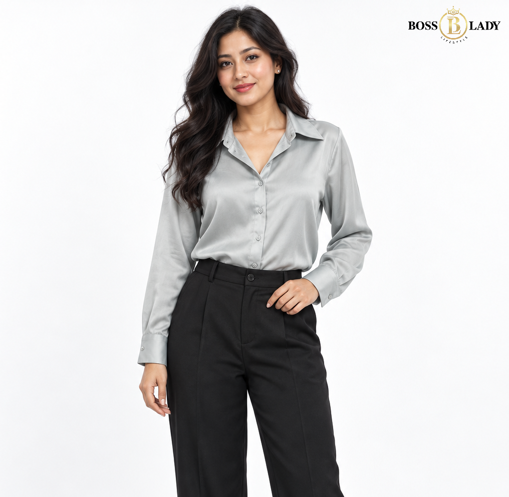 Silver Gray Classic Button-Front Satin Shirt