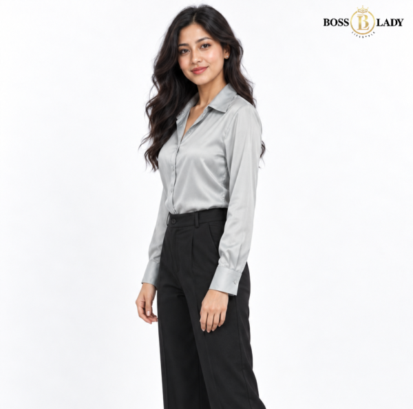 Silver Gray Classic Button-Front Satin Shirt