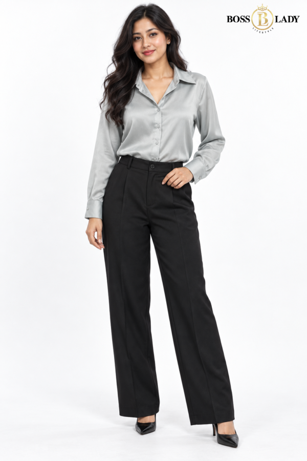 Silver Gray Classic Button-Front Satin Shirt