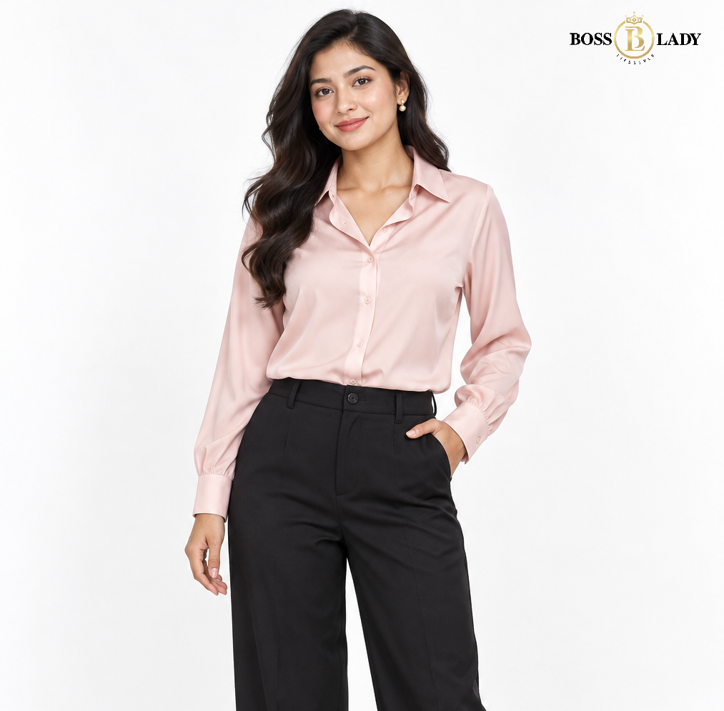 Pink Classic Button-Front Satin Shirt