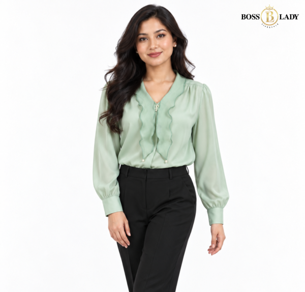 Sage Green Pearl-Detail Ruffle Shirt