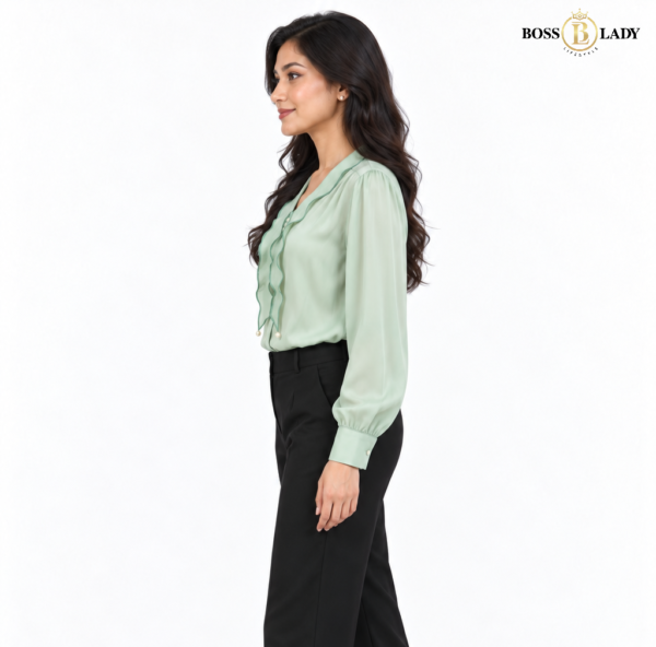 Sage Green Pearl-Detail Ruffle Shirt