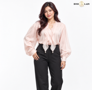 Blush Pink Green Pearl-Detail Ruffle Shirt