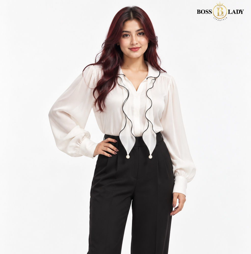 Ivory White Pearl-Detail Ruffle Shirt
