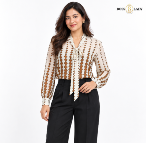 Brown Geometric Print Bow-Neck Shirt