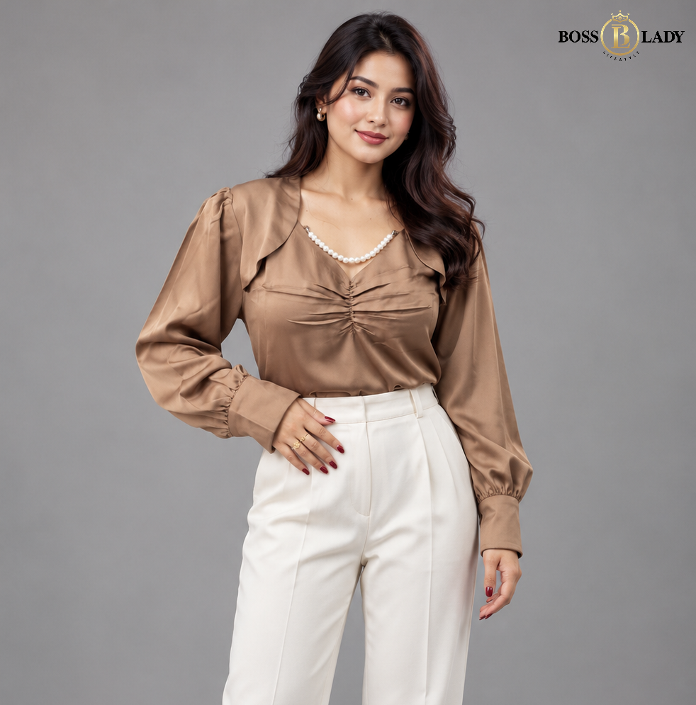 Ruched Front Satin Brown Shirt
