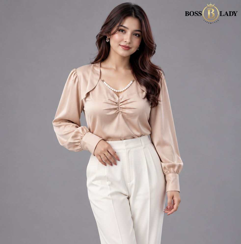 Ruched Front Satin Cream Shirt