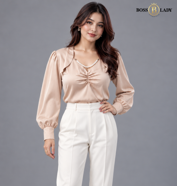 Ruched Front Satin Cream Shirt