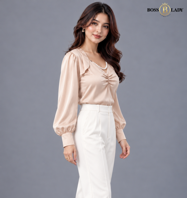 Ruched Front Satin Cream Shirt