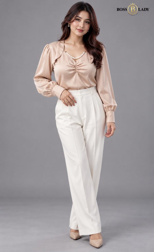 Ruched Front Satin Cream Shirt