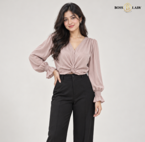 Blush Pink Twist-Front Cropped Silk Shirt