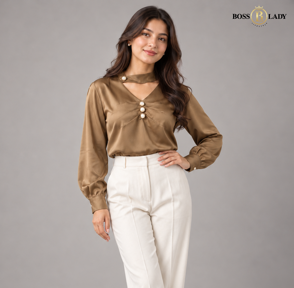 Bronze Pearl-Button Keyhole Silk Shirt