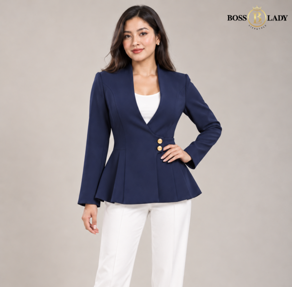 Blue Wrap-Style Peplum Blazer