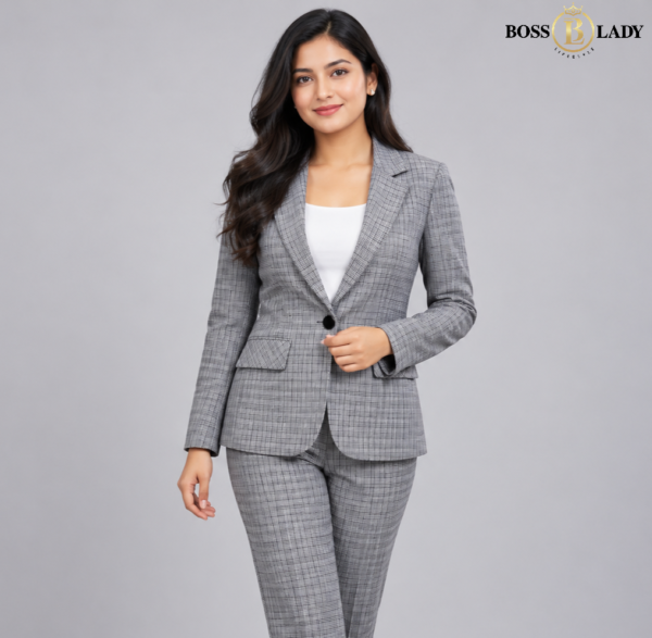 Grey Single-Breasted Checked Blazer