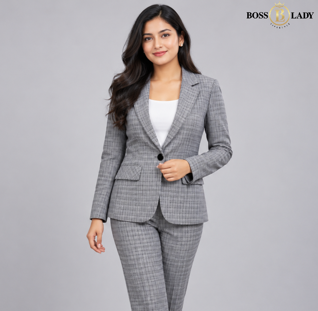 Grey Single-Breasted Checked Blazer