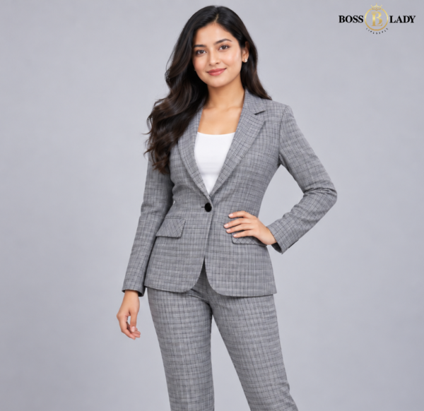 Grey Single-Breasted Checked Blazer