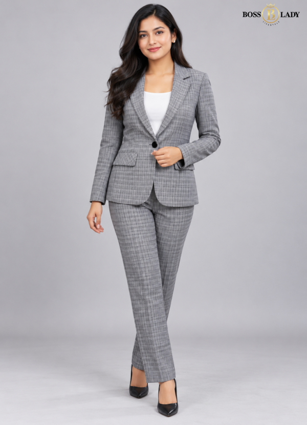 Grey Single-Breasted Checked Blazer