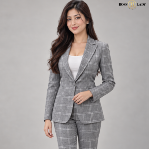 Grey Single-Breasted Windowpane Check Blazer
