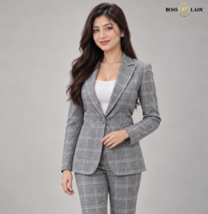 Grey Single-Breasted Windowpane Check Blazer