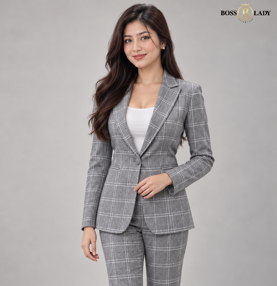 Grey Single-Breasted Windowpane Check Blazer