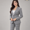 Grey Single-Breasted Windowpane Check Blazer
