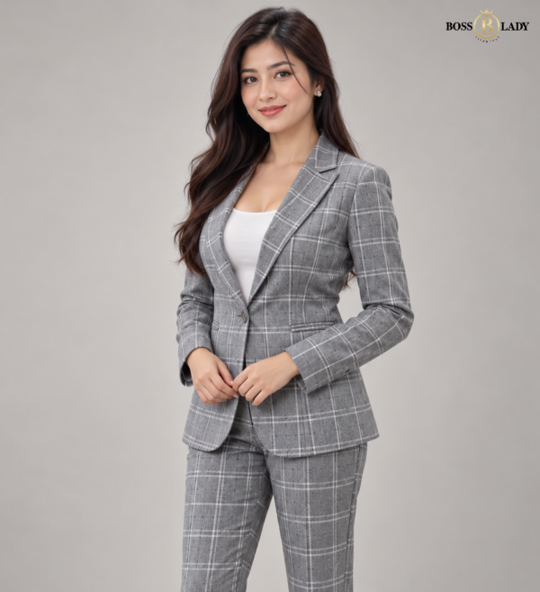 Grey Single-Breasted Windowpane Check Blazer