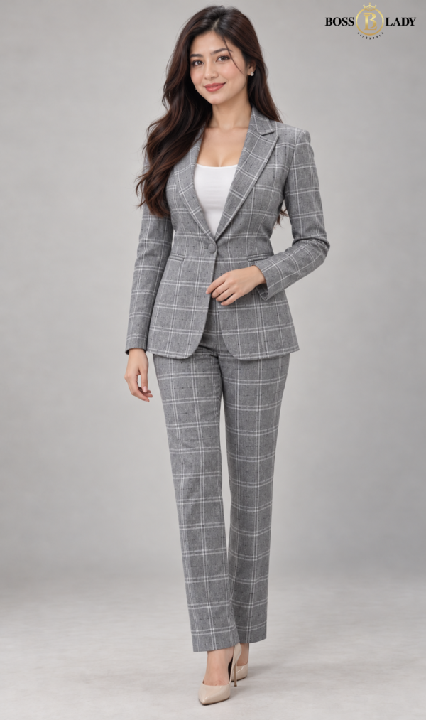 Grey Single-Breasted Windowpane Check Blazer